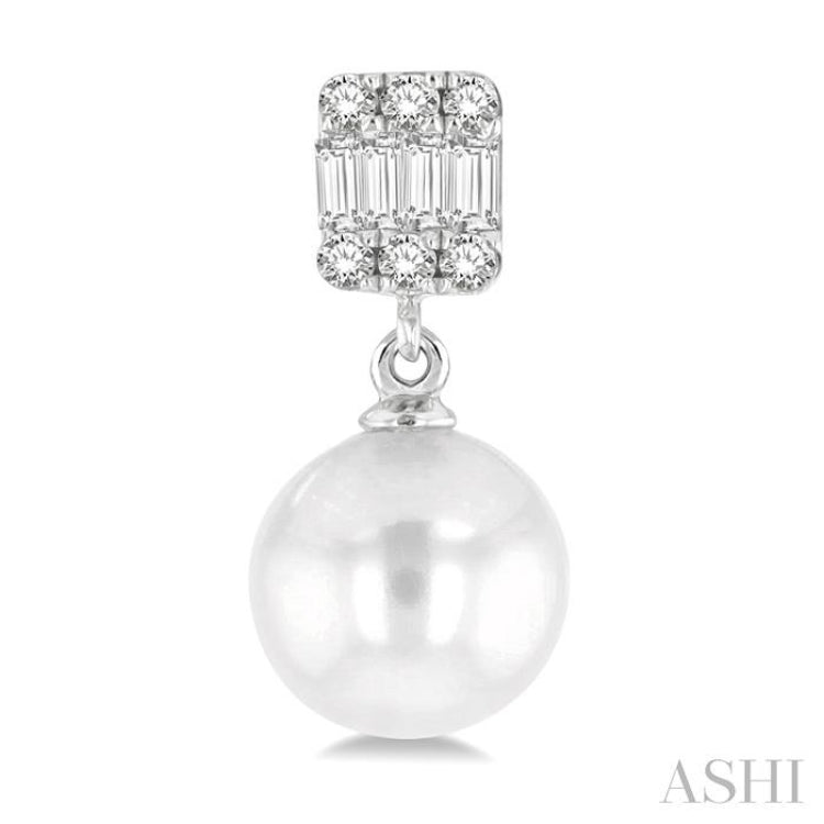 6MM Cultured Pearls and 1/10 ctw Baguette and Single Cut Diamond Earring in 14K White Gold