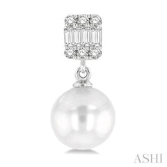 6MM Cultured Pearls and 1/10 ctw Baguette and Single Cut Diamond Earring in 14K White Gold