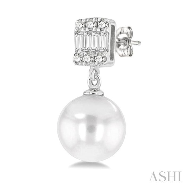 6MM Cultured Pearls and 1/10 ctw Baguette and Single Cut Diamond Earring in 14K White Gold