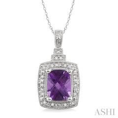 9X7 MM Cushion Shape Amethyst and 1/10 Ctw Round Cut Diamond Pendant in Sterling Silver with Chain