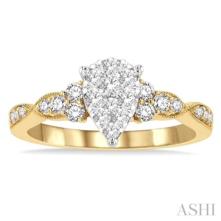 1/2 ctw Pear Shape Center Crisscross Carved Shank Lovebright Round Cut Diamond Engagement Ring in 14K Yellow and White gold