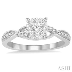 1/2 Ctw Round Cut Diamond Lovebright Engagement Ring in 14K White Gold