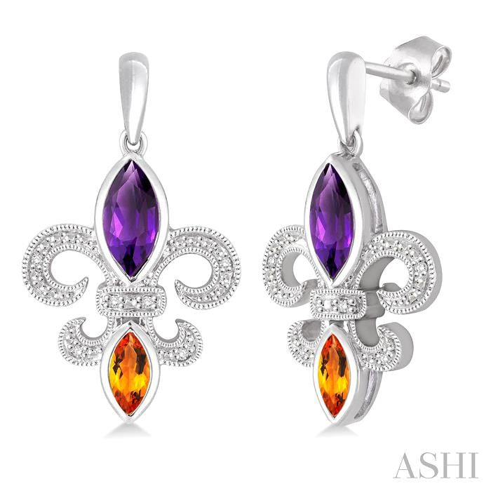 8X4 MM Marquise Cut Amethyst, 6X3 MM Marquise Cut Citrine and 1/20 Ctw Round Cut Diamond Fleur De Lis Earrings in Sterling Silver