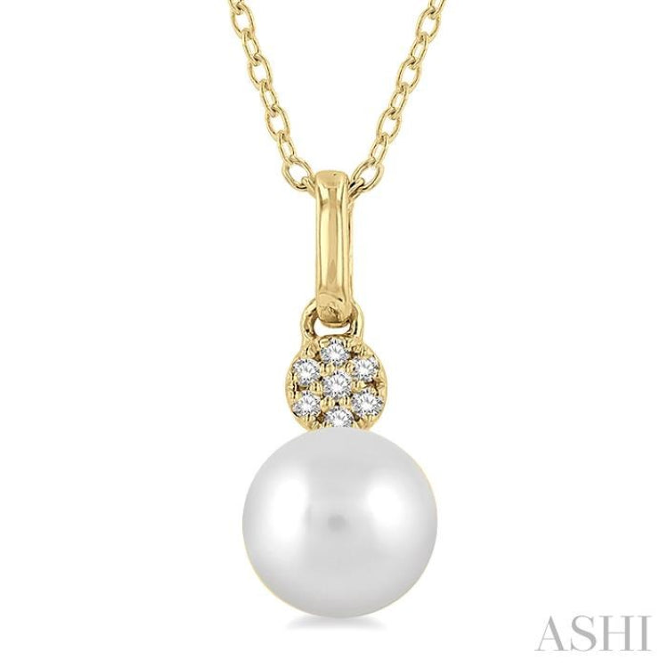 6 MM Round Shape Cultured Pearl and 1/50 Ctw Round Cut Diamond Petite Fashion Pendant With Chain in 10K Yellow Gold