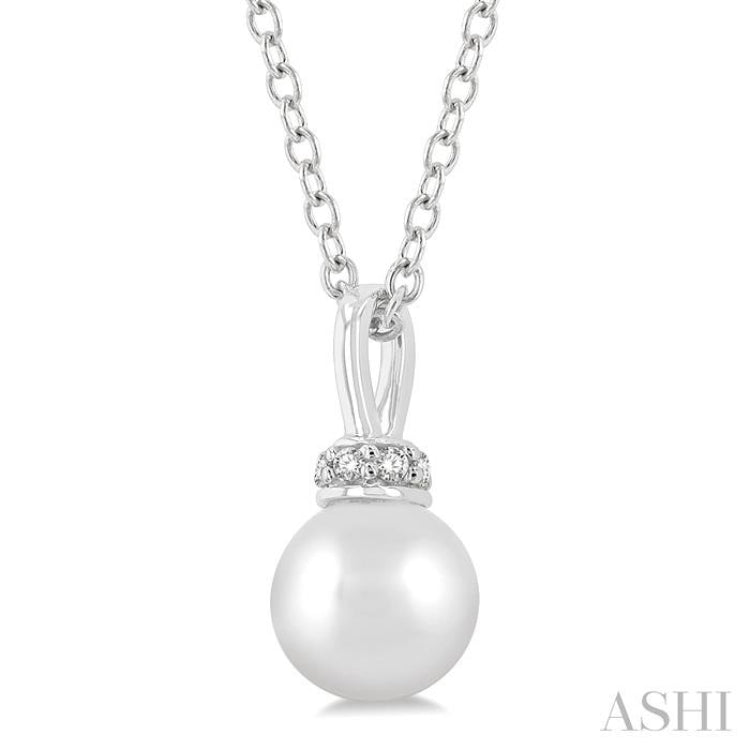 1/20 ctw Petite 6X6 MM Cultured Pearl and Round Cut Diamond Crown Fashion Pendant With Chain in 10K White Gold