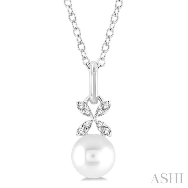 1/50 ctw Petite Floral Round Cut Diamond and 6X6 MM Cultured Pearl Fashion Pendant With Chain in 10K White Gold