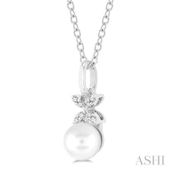 1/50 ctw Petite Floral Round Cut Diamond and 6X6 MM Cultured Pearl Fashion Pendant With Chain in 10K White Gold