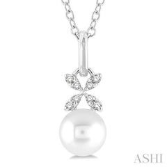 1/50 ctw Petite Floral Round Cut Diamond and 6X6 MM Cultured Pearl Fashion Pendant With Chain in 10K White Gold