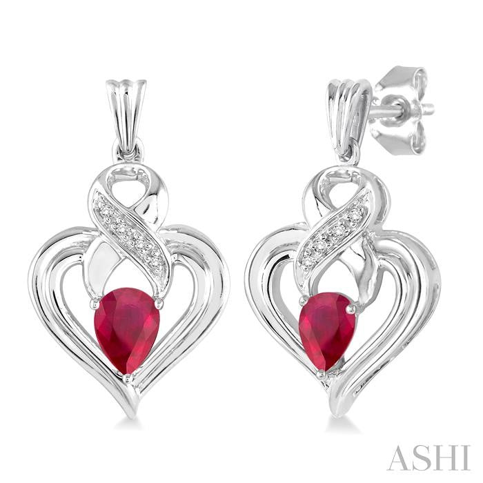 5x3 MM Pear Shape Ruby and 1/50 Ctw Round Cut Diamond Earrings in Sterling Silver