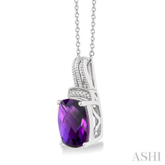 10X8 MM Cushion Shape Amethyst and 1/50 Ctw Looped Round Cut Diamond Semi-Precious Pendant With Chain in Sterling Silver