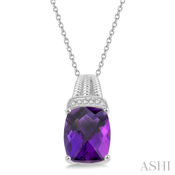 10X8 MM Cushion Shape Amethyst and 1/50 Ctw Looped Round Cut Diamond Semi-Precious Pendant With Chain in Sterling Silver