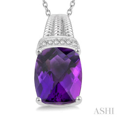10X8 MM Cushion Shape Amethyst and 1/50 Ctw Looped Round Cut Diamond Semi-Precious Pendant With Chain in Sterling Silver