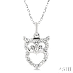 1/8 Ctw Owl Frame Petite Round Cut Diamond Fashion Pendant With Chain in 10K White Gold