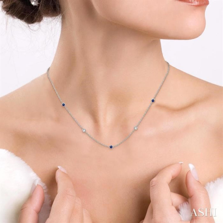 1/4 ctw Round Cut Diamond and 2.25MM Sapphire Precious Station Necklace in 14K White Gold