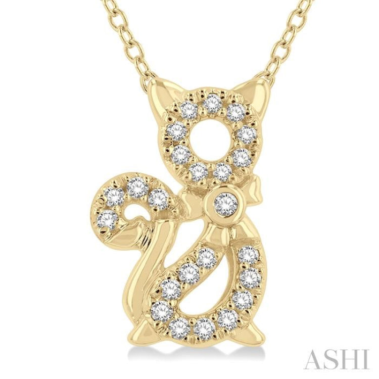 1/10 Ctw Cat Motif Petite Round Cut Diamond Fashion Pendant With Chain in 10K Yellow Gold