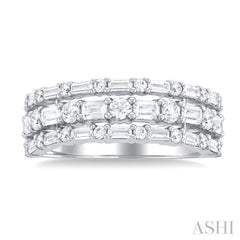 1 1/2 ctw Triple Row Emerald, Baguette and Round Cut Diamond Fashion Band in 14K White Gold