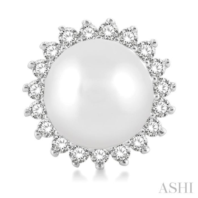 5.5 MM Round Shape Cultured Pearls and 1/6 Ctw Petite Sunflower Round Cut Diamond Fashion Stud Earring in 10K White Gold