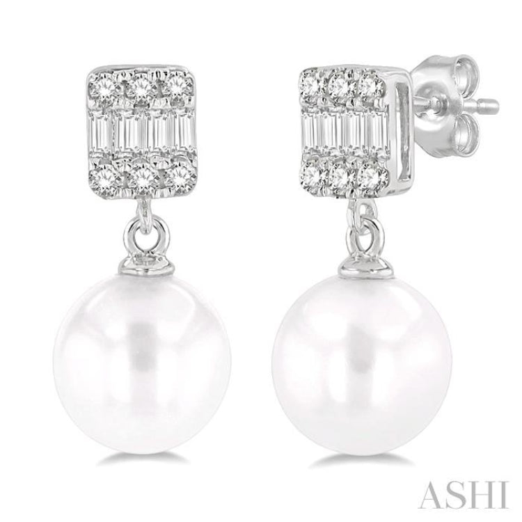 6 MM Cultured Pearls and 1/10 Ctw Baguette and Single Cut Diamond Earrings in 10K White Gold