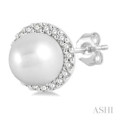 5.5 MM Round Shape Cultured Pearls and 1/8 Ctw Petite Round Cut Diamond Halo Fashion Stud Earring in 10K White Gold