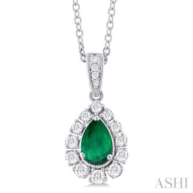 6X4 MM Pear Cut Emerald and 1/4 Ctw Round Cut Diamond Precious Pendant With Chain in 14K White Gold