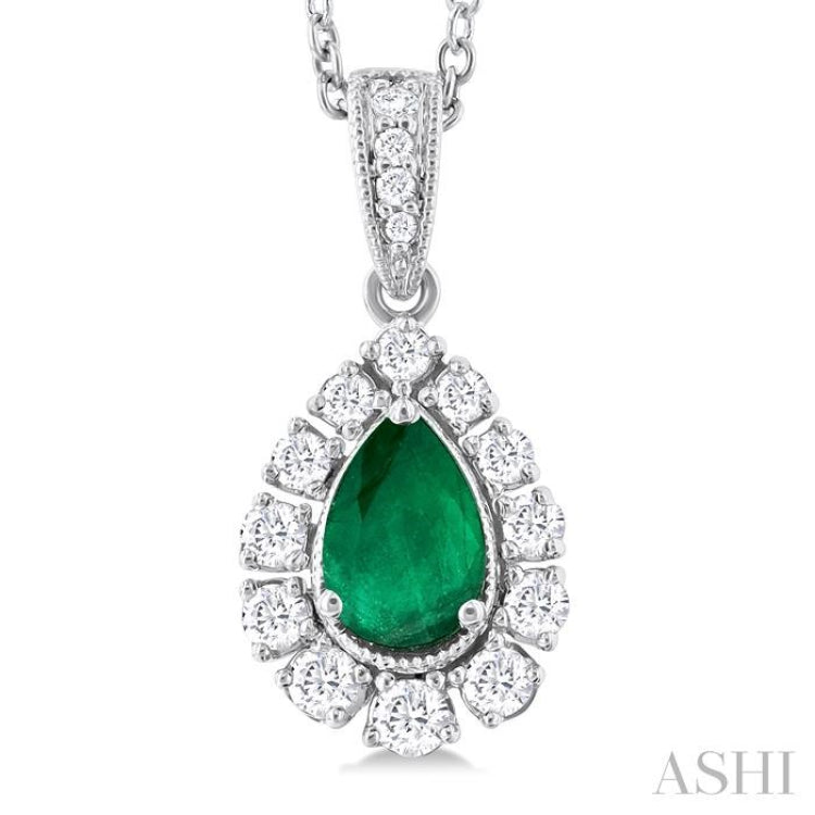 6X4 MM Pear Cut Emerald and 1/4 Ctw Round Cut Diamond Precious Pendant With Chain in 14K White Gold