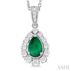 6X4 MM Pear Cut Emerald and 1/4 Ctw Round Cut Diamond Precious Pendant With Chain in 14K White Gold