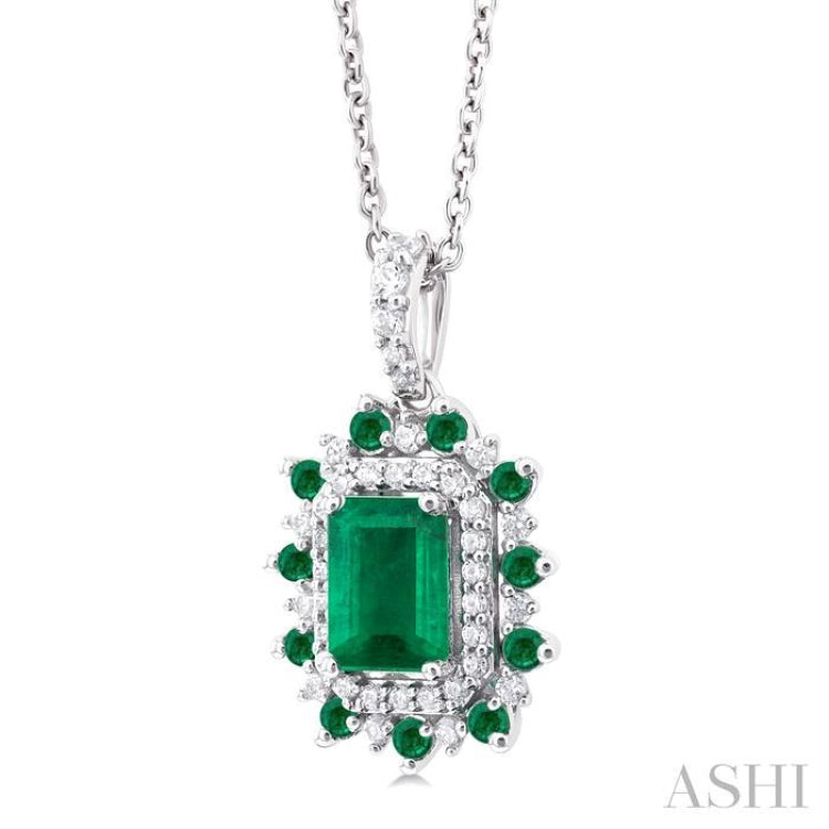 6X4 MM Emerald Cut & 1.55 MM Round Cut Emerald and 1/5 Ctw Round Cut Diamond Floral Precious Pendant With Chain in 14K White Gold
