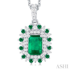 6X4 MM Emerald Cut & 1.55 MM Round Cut Emerald and 1/5 Ctw Round Cut Diamond Floral Precious Pendant With Chain in 14K White Gold