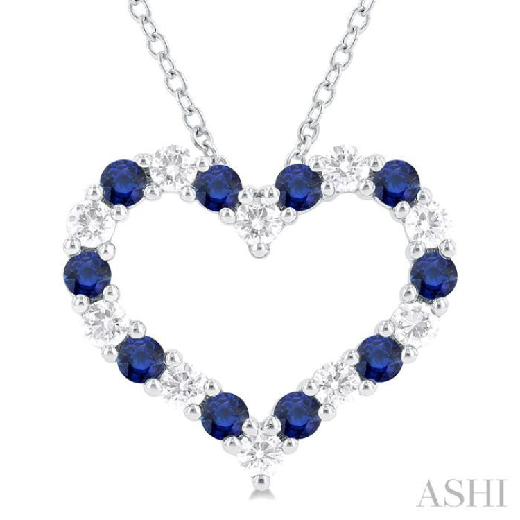 1/2 ctw Open Heart 2.3 MM Round Cut Sapphire and Round Cut Diamond Precious  Fashion Pendant With Chain in 14K White Gold