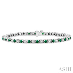 1 1/2 ctw Square Box Link 2.5MM Emerald and Round Cut Diamond Precious Tennis Bracelet in 14K White Gold