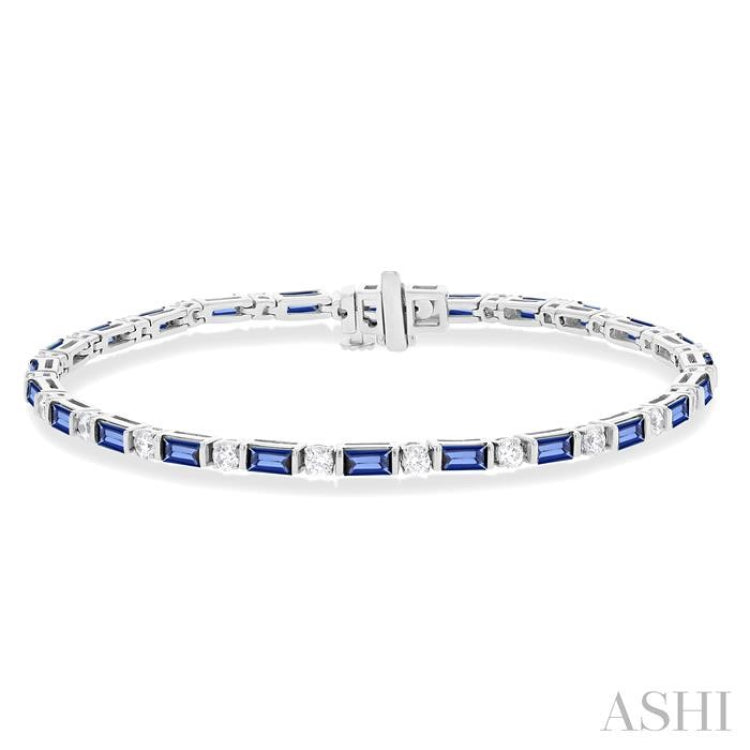 4X2 MM Baguette Cut Sapphire and 1 1/10 Ctw Art Deco Round Cut Diamond Precious Bracelet in 14K White Gold