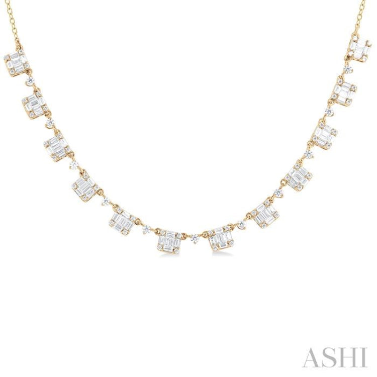 1 1/2 Ctw Fusion Baguette and Round Cut Diamond Halfway Necklace in 14K Yellow Gold