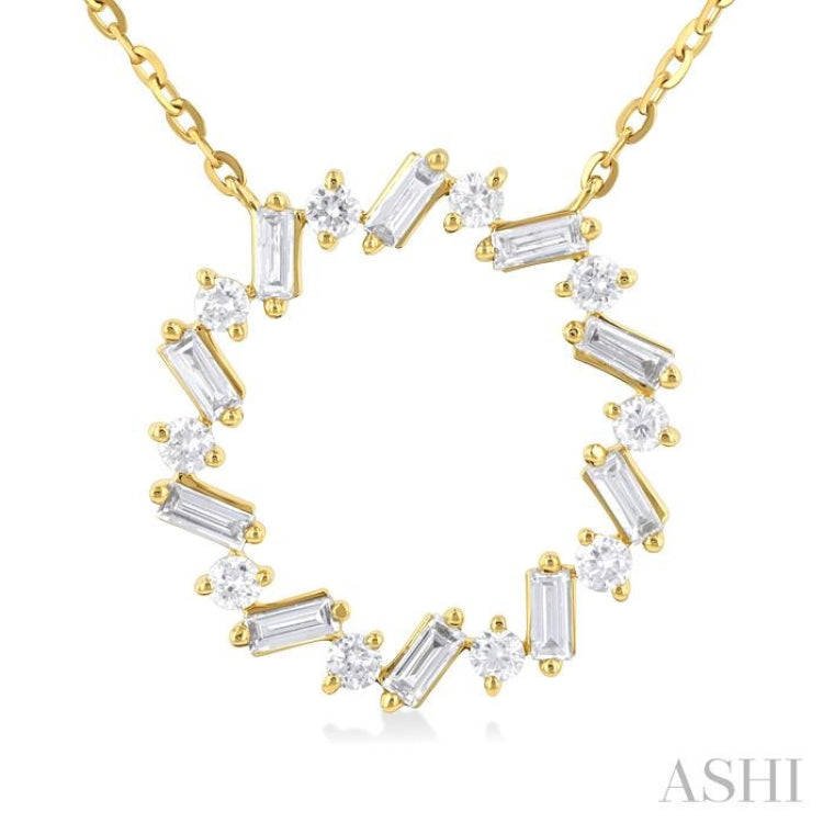 3/8 ctw Circle Baguette and Round Cut Diamond Scatter Necklace in 10K Yellow Gold