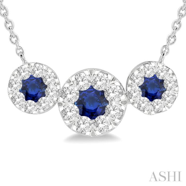 3.8 MM & 3 MM Sapphire and 5/8 Ctw Round Cut Diamond Past Present & Future Precious Necklace in 14K White Gold