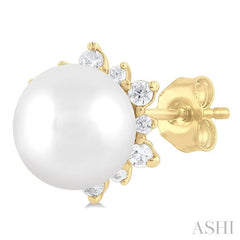 5.50 MM Round Shape Cultured Pearl and 1/6 Ctw Petite Round Cut Diamond Fashion Stud Earrings in 10K Yellow Gold