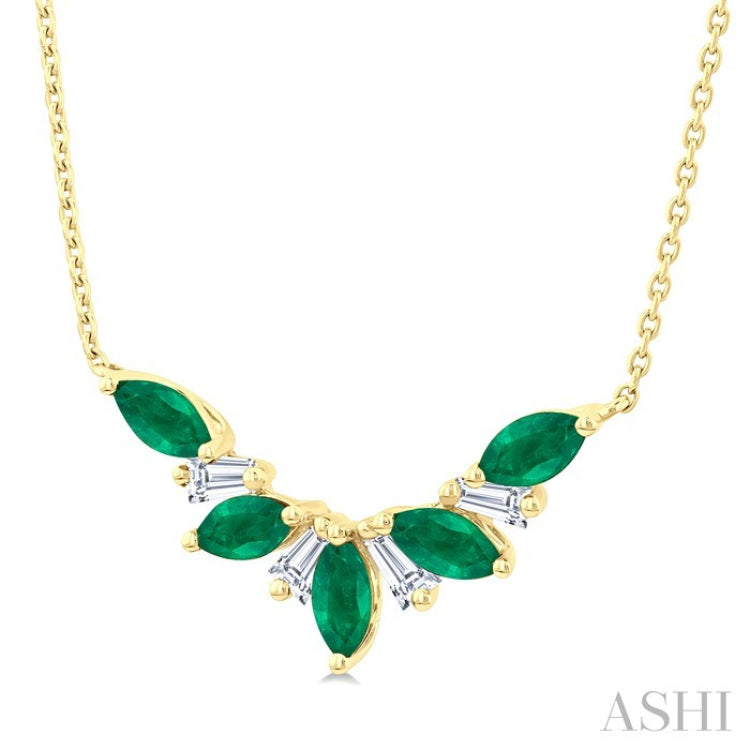 5x2.5 MM Marquise Cut Emerald and 1/6 Ctw Baguette Cut Diamond Precious Gemstone Necklace in 14K Yellow Gold