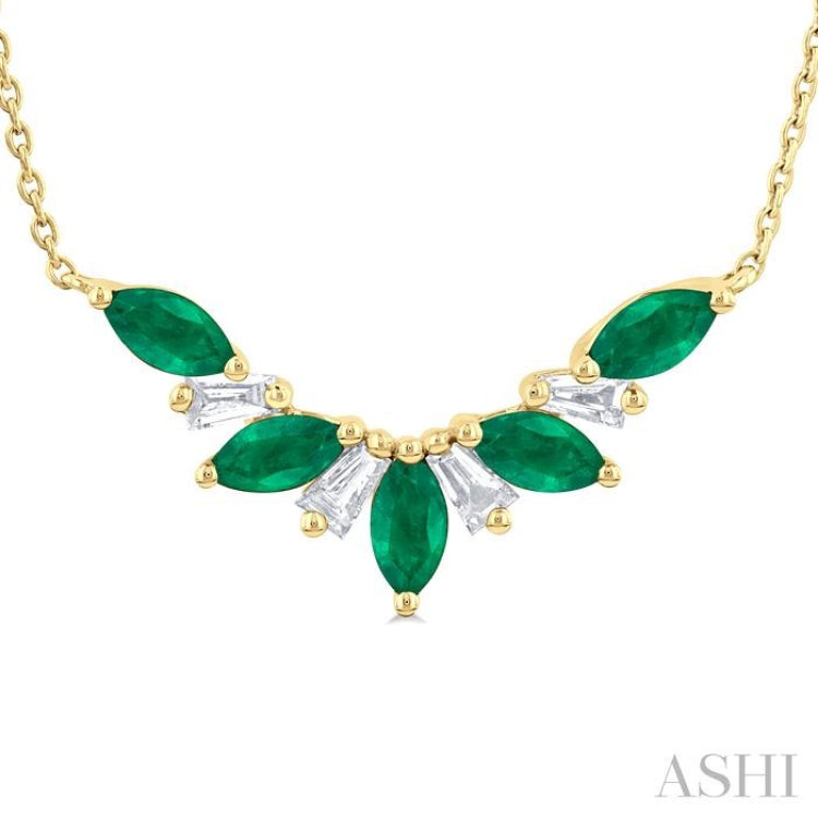 5x2.5 MM Marquise Cut Emerald and 1/6 Ctw Baguette Cut Diamond Precious Gemstone Necklace in 14K Yellow Gold