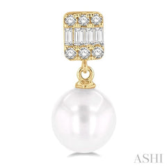 6 MM Cultured Pearls and 1/10 Ctw Baguette and Single Cut Diamond Earrings in 10K Yellow Gold