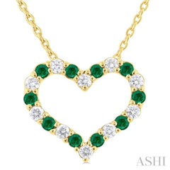 1/8 ctw Open Heart 1.4 MM Round Cut Emerald and Round Cut Diamond Precious  Fashion Pendant With Chain in 14K Yellow Gold