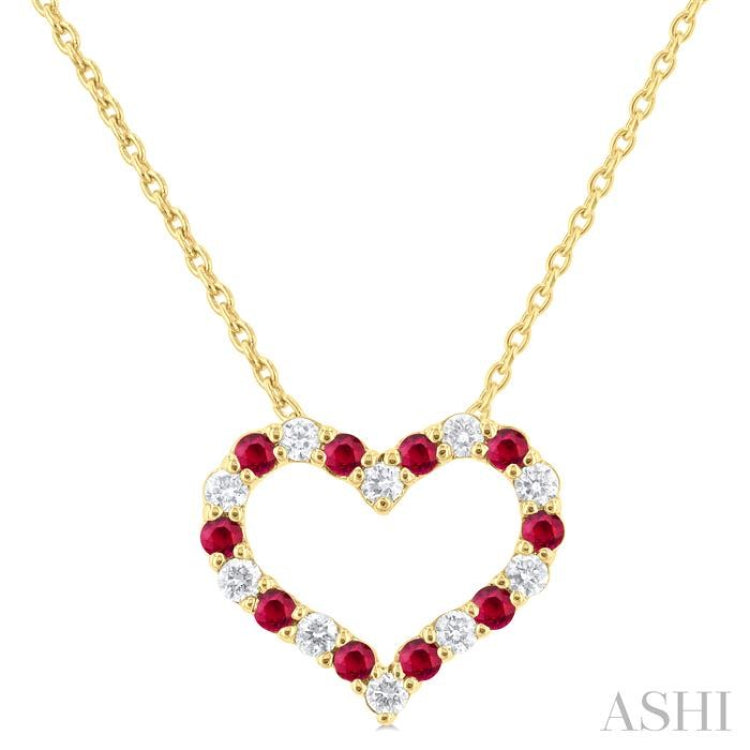 1/8 ctw Open Heart 1.4 MM Round Cut Ruby and Round Cut Diamond Precious  Fashion Pendant With Chain in 14K Yellow Gold