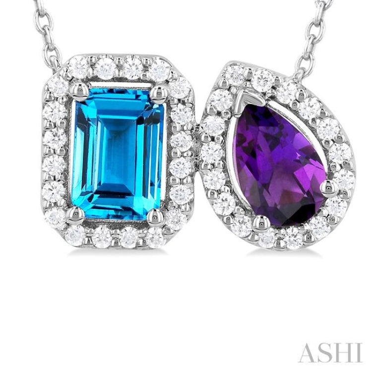 6X4 MM Emerald Cut Blue Topaz and Pear Cut Amethyst and 1/5 Ctw Toi Et Moi Round Cut Diamond Halo Fashion Pendant With Chain in 14K White Gold