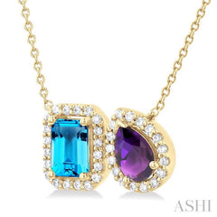 6X4 MM Emerald Cut Blue Topaz and Pear Cut Amethyst and 1/5 Ctw Toi Et Moi Round Cut Diamond Halo Fashion Pendant With Chain in 14K Yellow Gold