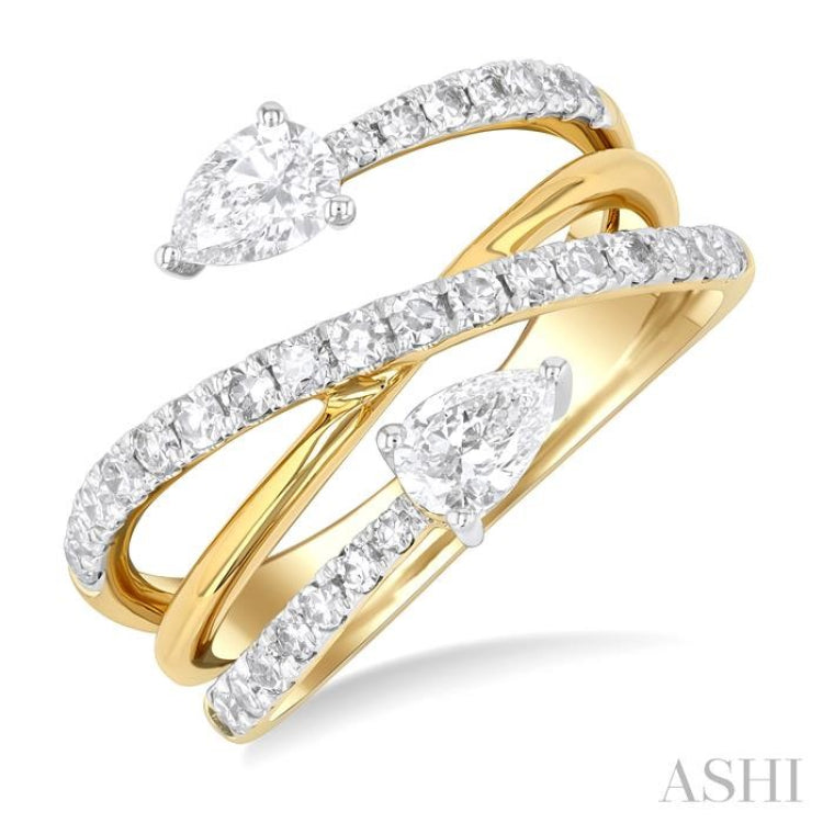 1 ctw East West Pear and Round Cut Diamond Split Open End Fashion Ring in 14K Yellow Gold