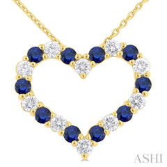 2.3 MM Round Cut Sapphire and 1/2 Ctw Open Heart Round Cut Diamond Precious Fashion Pendant With Chain in 14K Yellow Gold