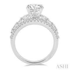 1 1/3 Ctw Round, Baguette and Pear Cut Diamond Round Shape Semi-mount Engagement Ring in 14K White Gold