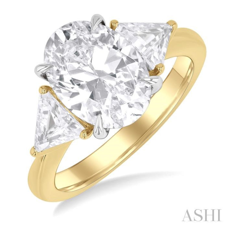 1.00 Ctw Oval Shape Trillion Cut & Round Cut Diamond Semi Mount Engagement Ring in 14K Yellow and White Gold