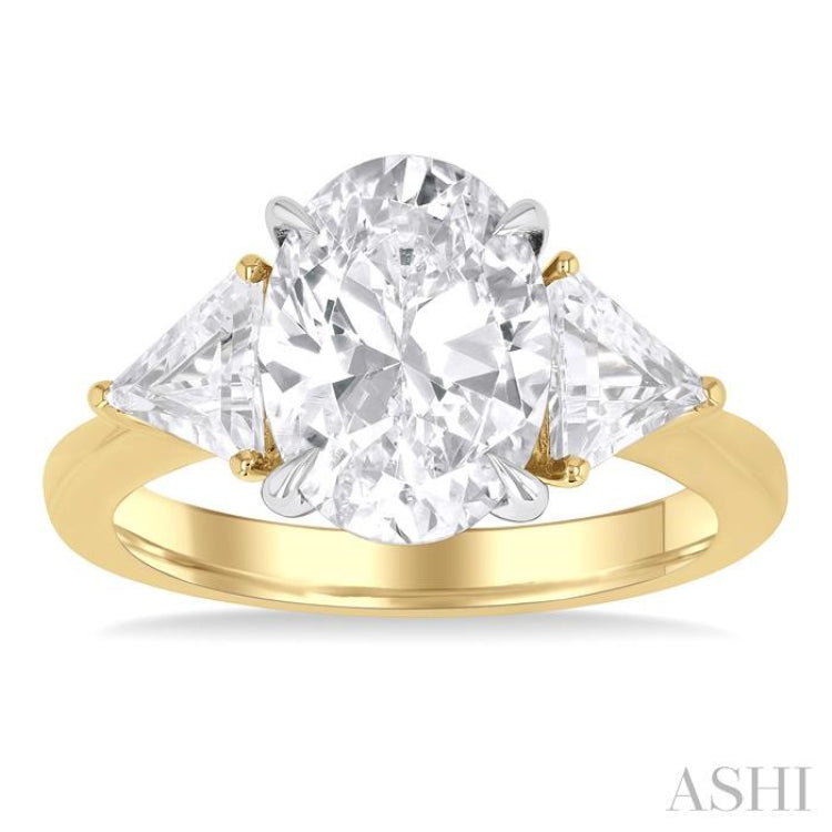 1.00 Ctw Oval Shape Trillion Cut & Round Cut Diamond Semi Mount Engagement Ring in 14K Yellow and White Gold