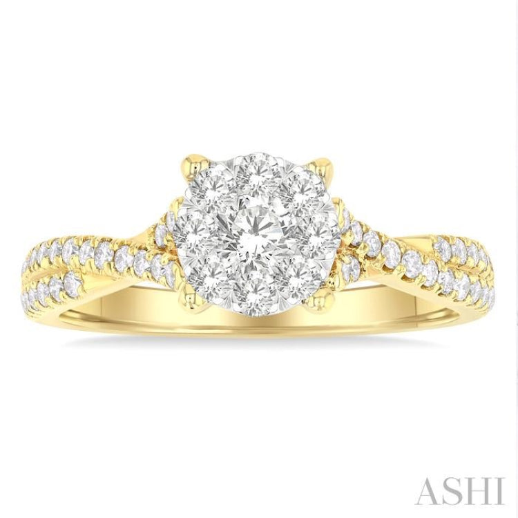 3/4 ctw Round Shape Lovebright Split Criss Cross Round Cut Diamond Engagement Ring in 14K Yellow and White Gold