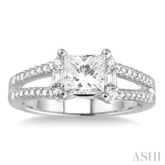 3/8 Ctw Round and Baguette Cut Diamond Princess Shape Semi-Mount Engagement Ring in 14K White Gold