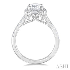 3/4 Ctw Scalloped Oval Centerpiece Circular Shape Round Cut Diamond Semi Mount Engagement Ring in 14K White Gold